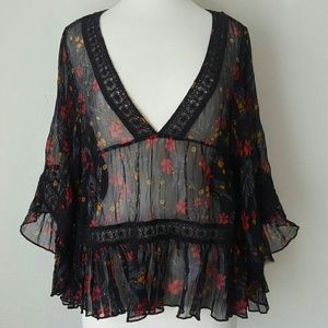 Free people bell sleeve floral sheer top